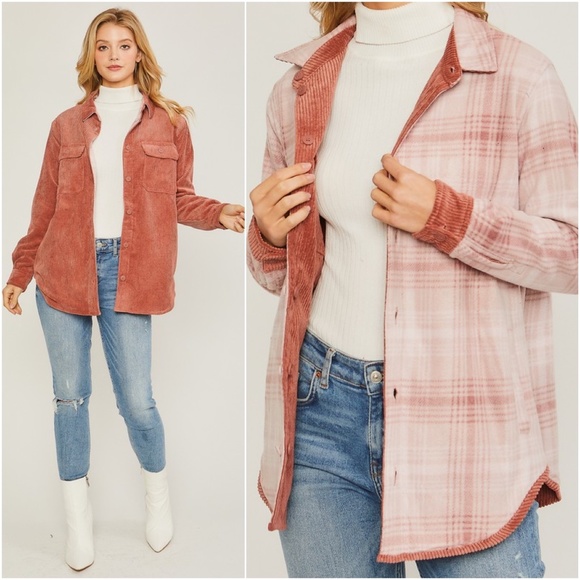 Tops - Cozy Plaid Print Corduroy Button Down Reversible Jacket Shacket